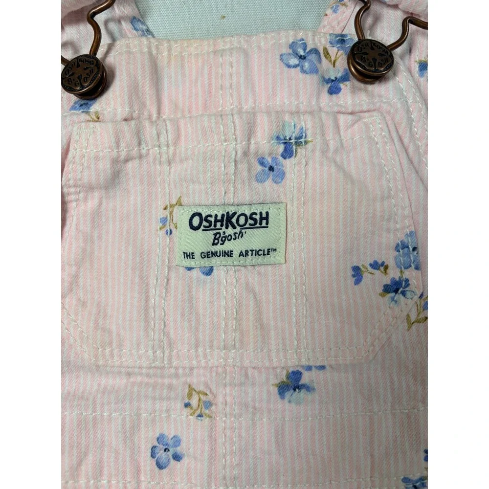 OshKosh Bgosh Baby Girls Pink Pinstripe Floral Overall Dress 18M Raw Hem